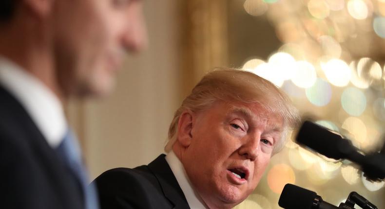 President Donald Trump at a press conference with Canadian Prime Minister Justin Trudeau.