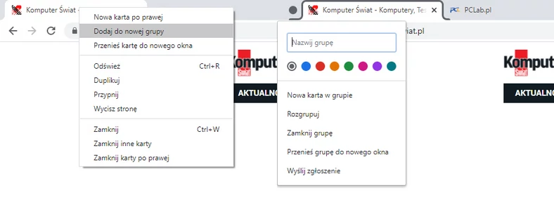  Grupowanie kart w polskiej wersji językowej przeglądarki Google Chrome beta