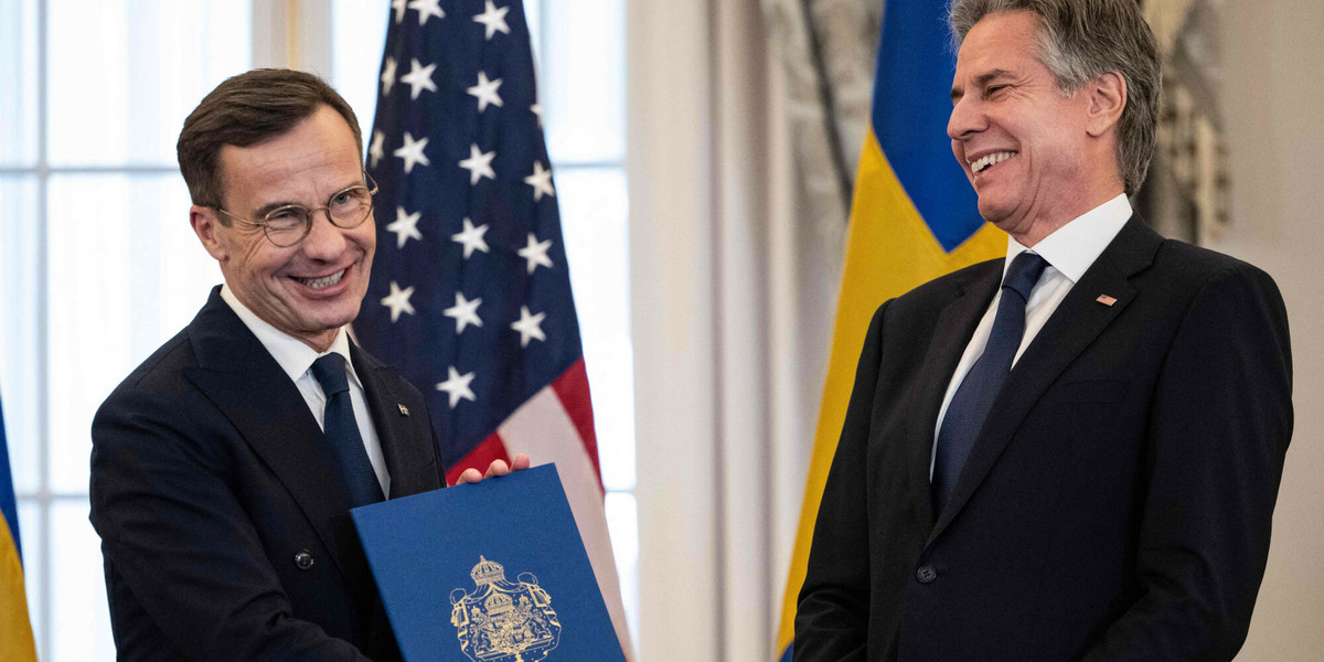 Premier Szwecji Ulf Kristersson i sekretarz stanu USA Antony Blinken, 7 marca 2024 r.