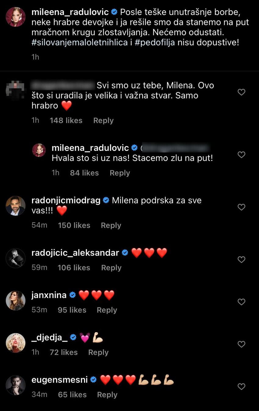 Komentari ispod Milenine objave na Instagramu