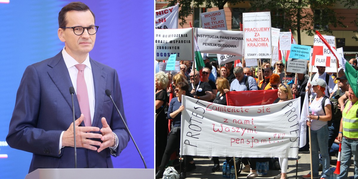 "Marsz gniewu" odbędzie się w Warszawie. 15 września pracownicy budżetówki będą protestować przez Kancelaria Prezesa Rady Ministrów. Zdjęcie ilustracyjne. Po lewej: premier Mateusz Morawiecki