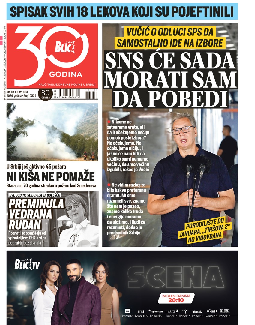 Blic naslovna strana za 19.8.