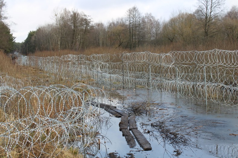 Drut żyletkowy na polsko-białoruskiej granicy niedaleko nieczynnego przejścia w Połowcach, woj. podlaskie, 17.12.2021.