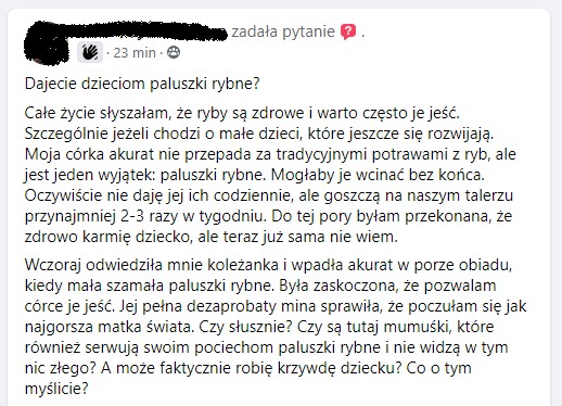 "Czy jestem wyrodną matką, bo karmię dziecko paluszkami rybnymi?"