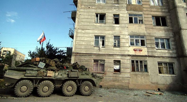 A Russian armored personnel carrier in Tskhinvali, South Ossetia, August 15, 2008.