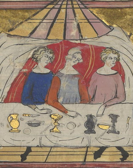 Średniowieczna uczta na francuskiej miniaturze z XIV wieku. Według relacji Galla Anonima właśnie podczas uczt żona Bolesława Chrobrego w najwyraźniejszy sposób okazywała swojej wpływy