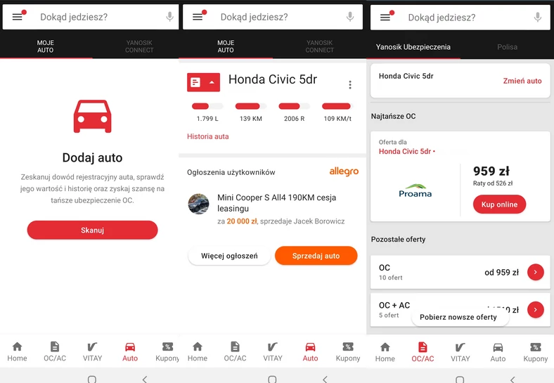 Yanosik - w aplikacji podejrzymy informacje o naszym aucie, a także sprawdzimy oferty OC