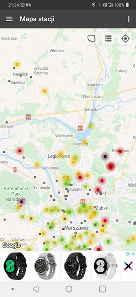 Zanieczyszczenie powietrza - mapka z punktami pomiarowymi