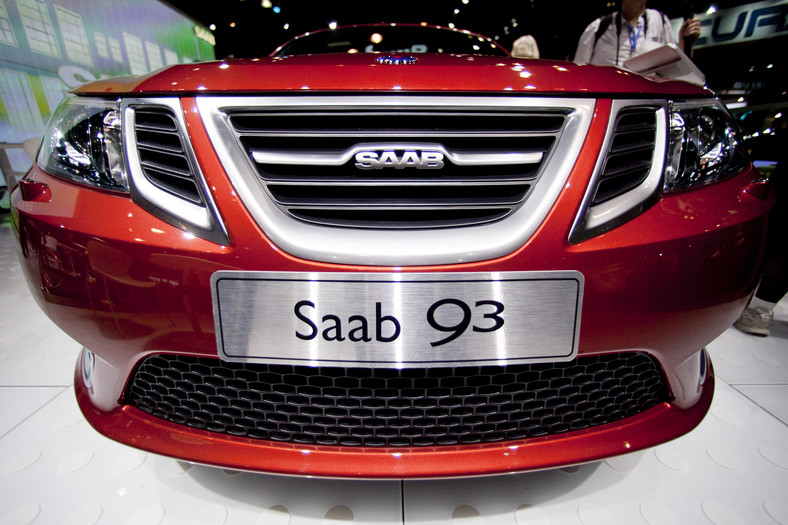 Saab 9-3 (przód) na międzynarodowych pokazach New York International Auto Show w Nowym Jorku. Fot.: Andrew Harrer/Bloomberg