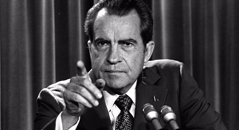 In this March 15, 1973, file photo President Nixon tells a White House news conference that he will not allow his legal counsel, John Dean, to testify on Capitol Hill in the Watergate investigation and challenged the Senate to test him in the Supreme Court.