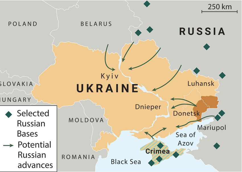 Mapa Ukrajine i pravic iz koje bi Rusija mogla da je napadne
