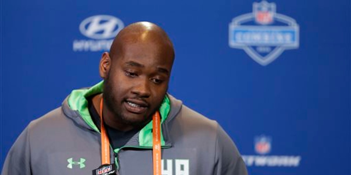 FILE - In this Feb. 24, 2016 file photo, Mississippi offensive lineman Laremy Tunsil speaks during a press conference at the NFL football scouting combine in Indianapolis. Former Mississippi left tackle Laremy Tunsil had a good chance to be the NFL draft's No. 1 overall pick less than two weeks ago when the Tennessee Titans had the pick. Then the Los Angeles Rams traded up for the No. 1 pick in search of a quarterback. Now Tunsil's future is much more uncertain. (AP Photo/Michael Conroy, File)