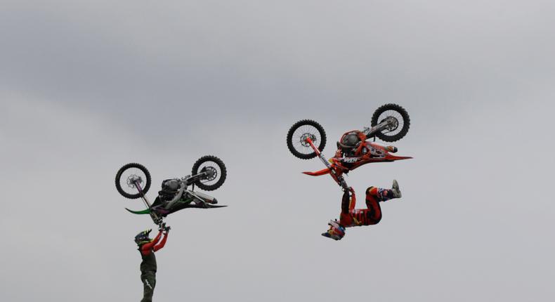 A freestyle motocross show at the EICMA exhibition motorcycle fair in Milan.