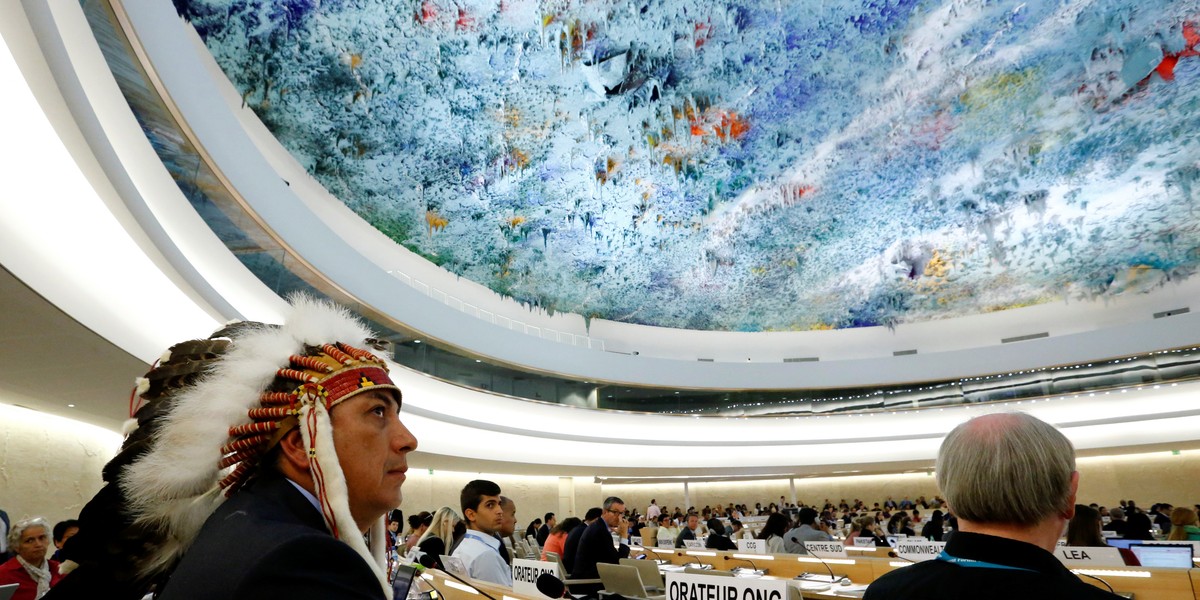 Dave Archambault II, the chairman of the Standing Rock Sioux Tribe, waiting to give a speech against the pipeline during the Human Rights Council at the UN in Geneva.