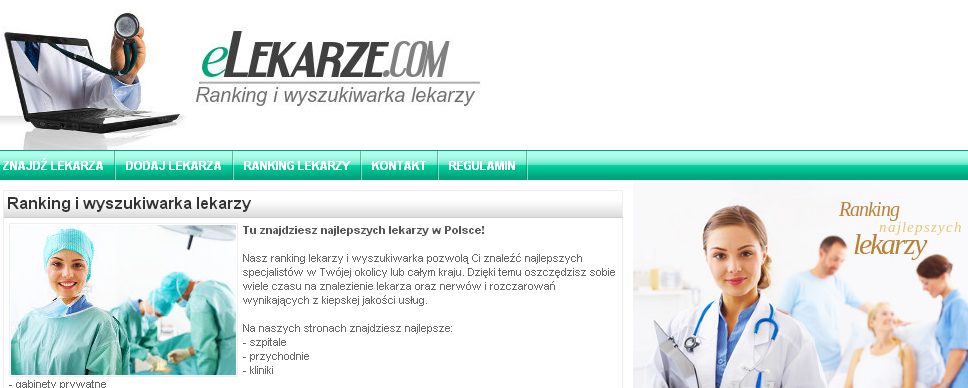 <strong>eLekarze.com</strong><br><br>
Na tej stronie również - oprócz wyszukiwarki lekarzy - znajdziemy ich ranking przy czym w zestawieniu tym, w odróżnieniu od rankingów znajdujących się na stronie RankingLekarzy.pl - medycy nie są podzieleni na specjalizacje: w zestawieniu najlepiej ocenianych lekarzy dermatolodzy sąsiadują z ginekologami i chirurgami.