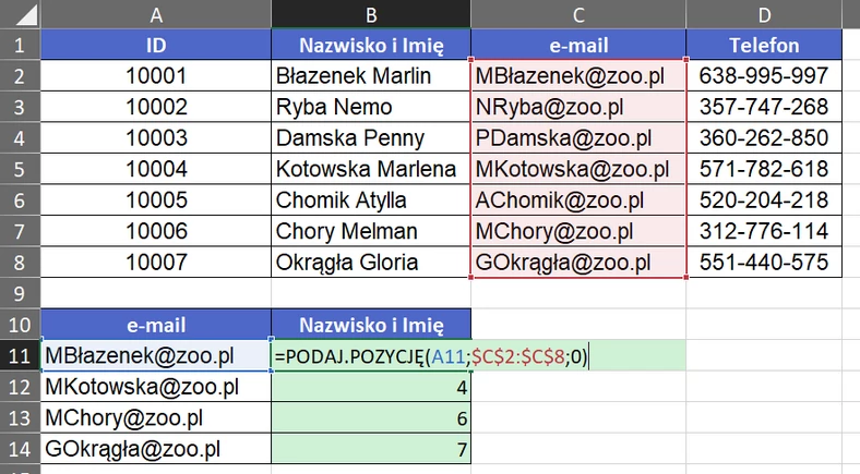 3.9  Wyznaczamy numer wiersza, w którym znajduje się szukany przez nas e-mail, a tym samym znajdujemy nazwisko i imię – funkcja PODAJ.POZYCJĘ