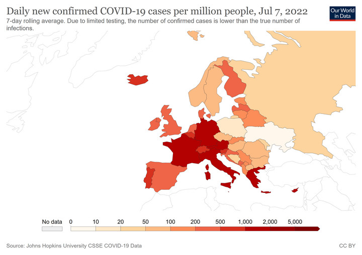 Dzienne nowe potwierdzone przypadki COVID-19 na milion osób, stan na 7 lipca