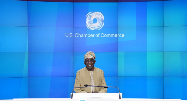 President Bola Tinubu rings the closing bell at NASDAQ in New York. [X:@NasdaqExchange]