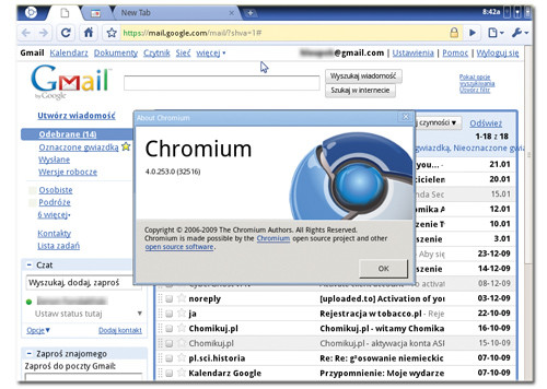 Po zalogowaniu do Chromium na ekranie pojawia się okno przeglądarki z kontem Gmail. Czy Google zdominuje internet dzięki swojemu systemowi? 