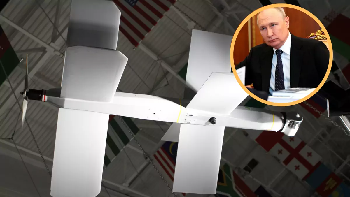 Władimir Putin i rosyjski dron Lancet (Fot. mat. pras.)