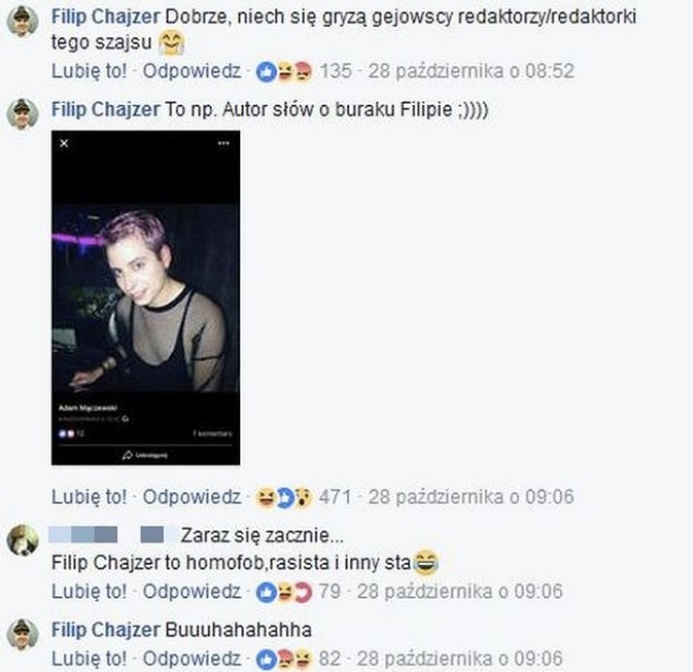 Zrzut ekranu z komentarza Filipa Chajzera