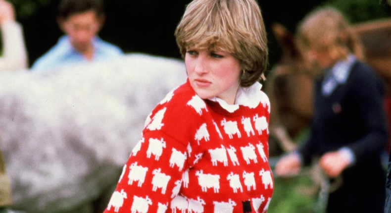 Princess Diana wears her famous sheep sweater designed by Warm & Wonderful.Tim Graham Photo Library via Getty Images