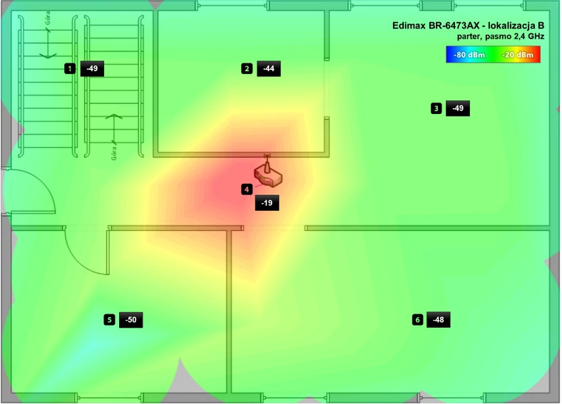 Edimax BR6473AX: Rozkład mocy sygnału sieci 2,4 GHz na parterze