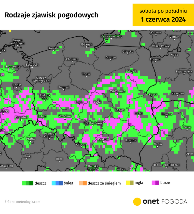 Nad Polską będą przemieszczać się następne fale chmur, opadów i burz, które mogą być gwałtowne