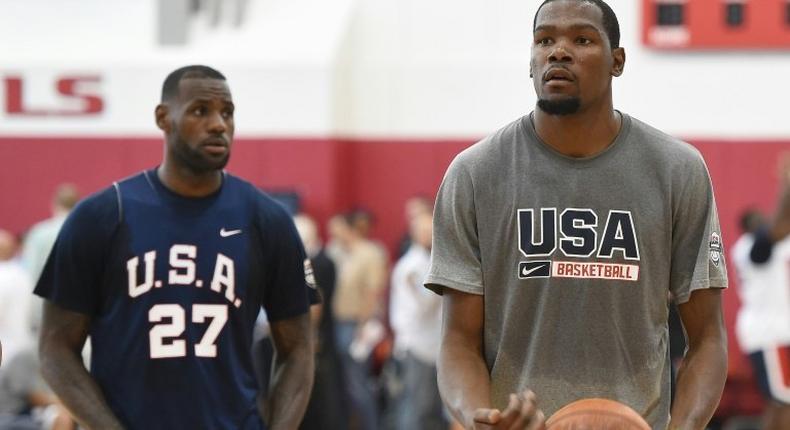 LeBron James (left) and Kevin Durant take part in a US basketball team practice session in August 2015