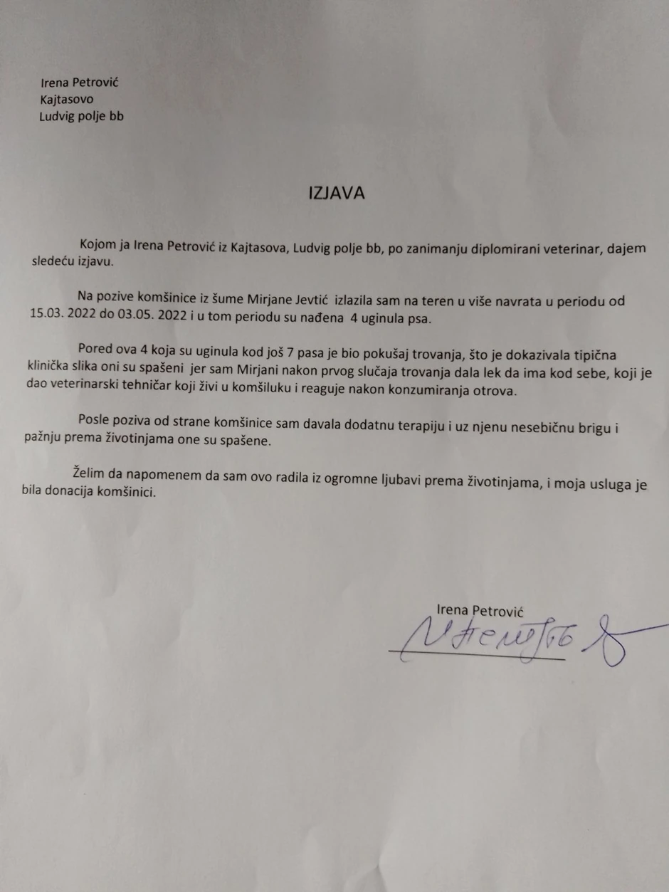 Potvrda veterinarke o trovanjima