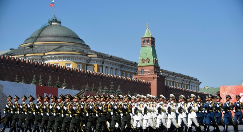 Soldiers from China's People's Liberation Army march on Red Square in Moscow during a June 2020 parade to mark the 75th anniversary of the Soviet victory over Nazi Germany, amid US pressure for both Russia and China to join nuclear arms talks