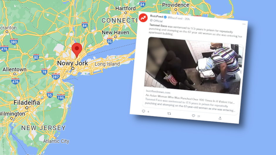 Kadr z nagrania kamery monitoringu, która zarejestrowała brutalne pobicie. W tle mapa przedstawiająca położenie miasta Yonkers