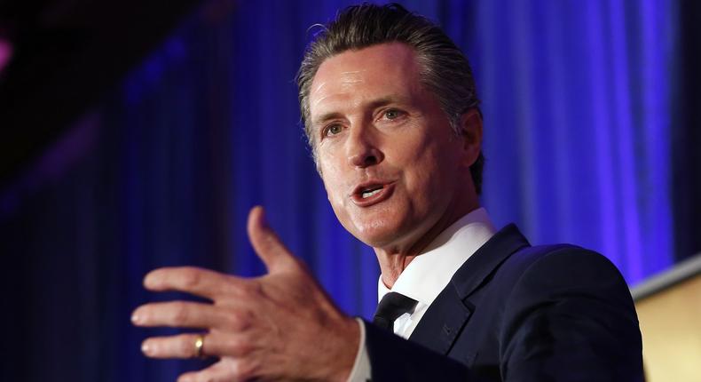 California Gov. Gavin Newsom speaks at the California for All Emergency Management Preparedness Summit, Monday, June 3, 2019, in Sacramento, Calif. Newsom said Monday that the Defense Department as agreed to provide information from a Cold War-era military satellite to help spot wildfires, while the defense secretary also gave the California National Guard blanket approval through the year's end to use unmanned drones to map fires, count destroyed houses and spot survivors. (AP Photo/Rich Pedroncelli)