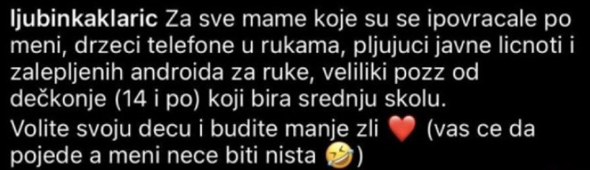 Ljubinka Klarić, objava na Instagramu