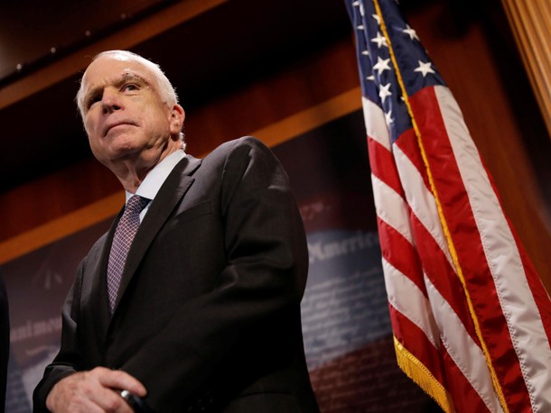 Senator John McCain (R-AZ) looks on during a press conference about his resistance to the so-called Skinny Repeal of the Affordable Care Act on Capitol Hill in Washington