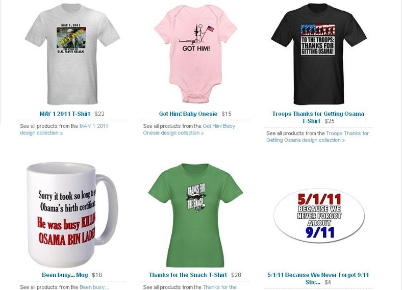 Gadżety nawiązujące do smierci Osamy bin Ladena oferowane przez sklep internetowy cafepress.com