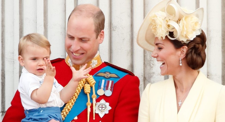 Prince William, the Duke of Cambridge; Catherine, Duchess of Cambridge; and Prince Louis of Cambridge on the balcony of Buckingham Palace in June 2019