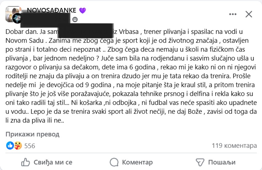 Objava instruktorke plivanja