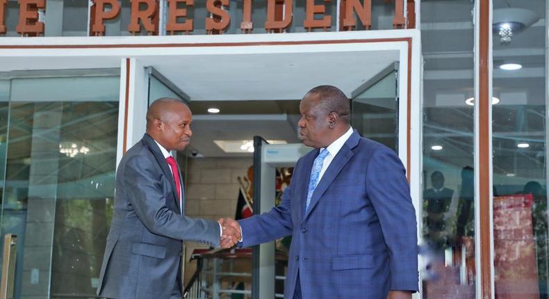 Interior CS Kithure Kindiki and his predecessor Fred Matiang'i on November 01, 2022