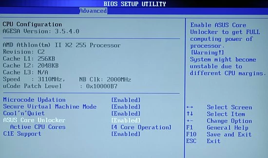 Jeżeli użyjemy przełącznika, ustawienie w BIOS-ie opcji Core Unlocker nie ma znaczenia