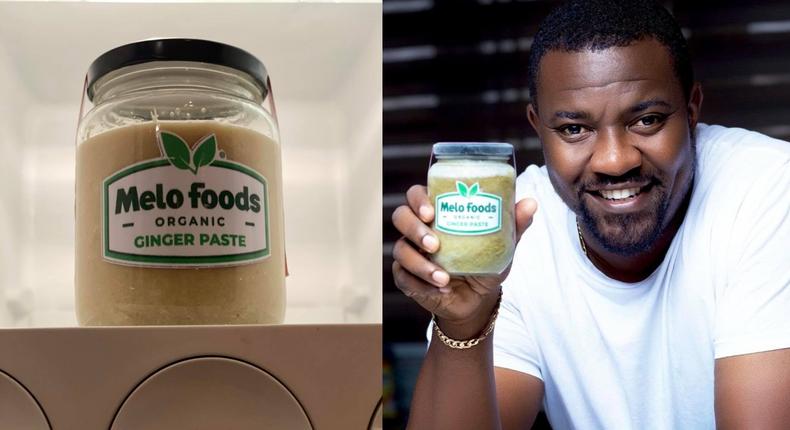 Ghanaians applaud John Dumelo for turning ginger from his farm into ginger paste (photos)