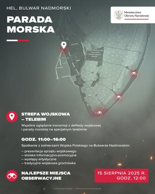 Plakat Ministerstwa Obrony Narodowej z naniesioną mapą Helu i oznaczeniem najlepszych miejsc do obserwacji okrętów wojennych biorących udział w paradzie, która odbędzie się 15 sierpnia 2025 r.