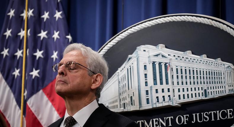 US Attorney General Merrick Garland pauses while speaking during a news conference at the US Department of Justice headquarters on January 27, 2023, in Washington, DC.Drew Angerer/Getty Images