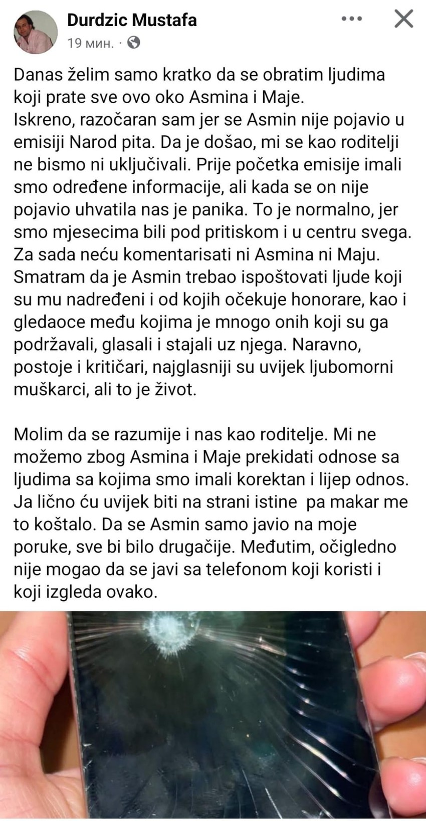 Mustafa Durdžić objavio slike polomljenog Asminovog telefona