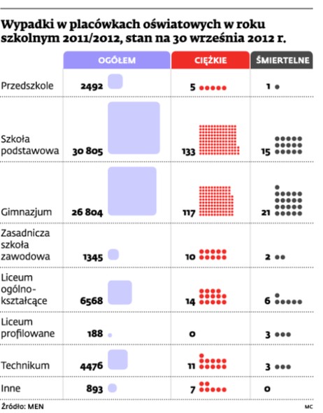 Wypadki w placówkach oświatowych w roku szkolnym 2011/2012, stan na 30 września 2012 r.