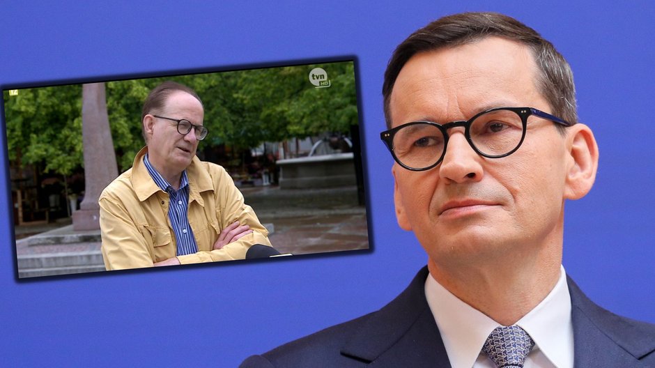 Premier Mateusz Morawiecki (fot. główne) i Marek Jędrychowski (L), nauczyciel Historii i Teraźniejszości, który przed laty uczył obecnego szefa rządu