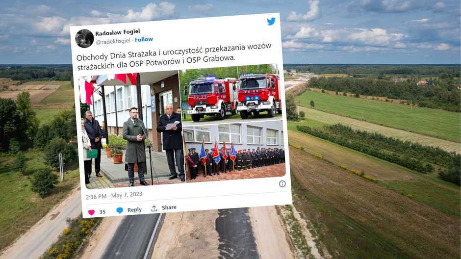 Radosław Fogiel na przekazaniu wozów strażackich, które są w użytku od grudnia (Screen: Twitter.com/@radekfogiel)