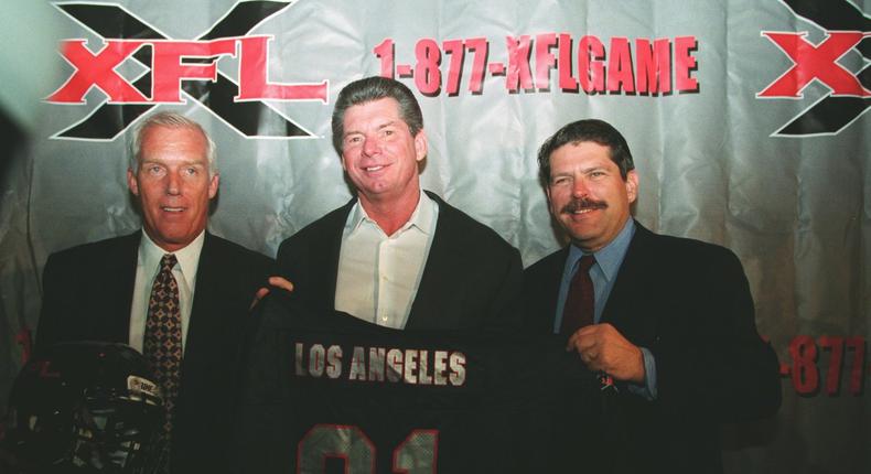 12 Jul 2000: J.K. McKay, Vince McMahon and Zev Yaroslavsky pose during the XFL Press Conference at the House of Blues in Los Angeles, California.