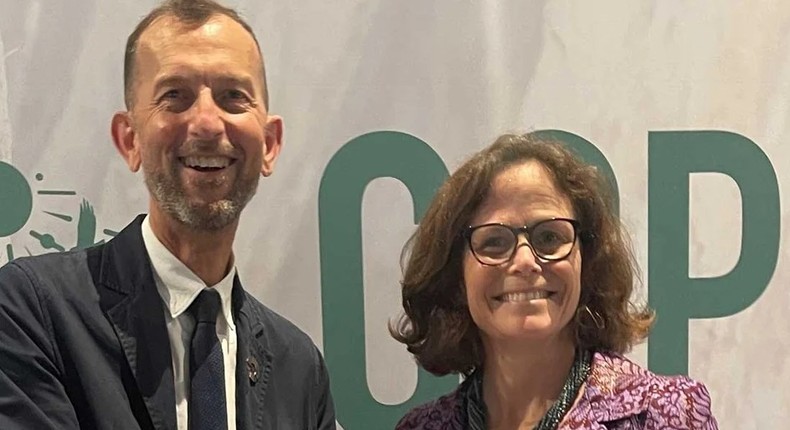 Gerard Howe, United Kingdom Foreign, Commonwealth and Development Office Head of Climate, Adaptation, Nature and Resilience Department, and Dr. Beth Dunford, AfDB Vice President for Agriculture, Human and Social Development at COP28 in Dubai.