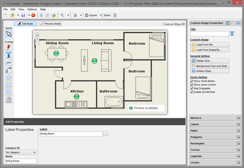 Główne okno programu do tworzenia interaktywnych planów, map i schematów - iiCreator - Interactive Image Creator Standard
